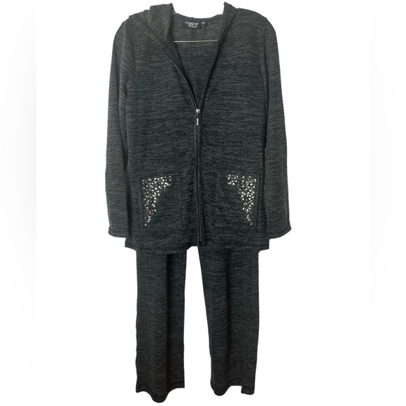 On Que Casuals Charcoal Heather Gray Zip up Hoodie with Rhinestone front pockets - Picture 9 of 11